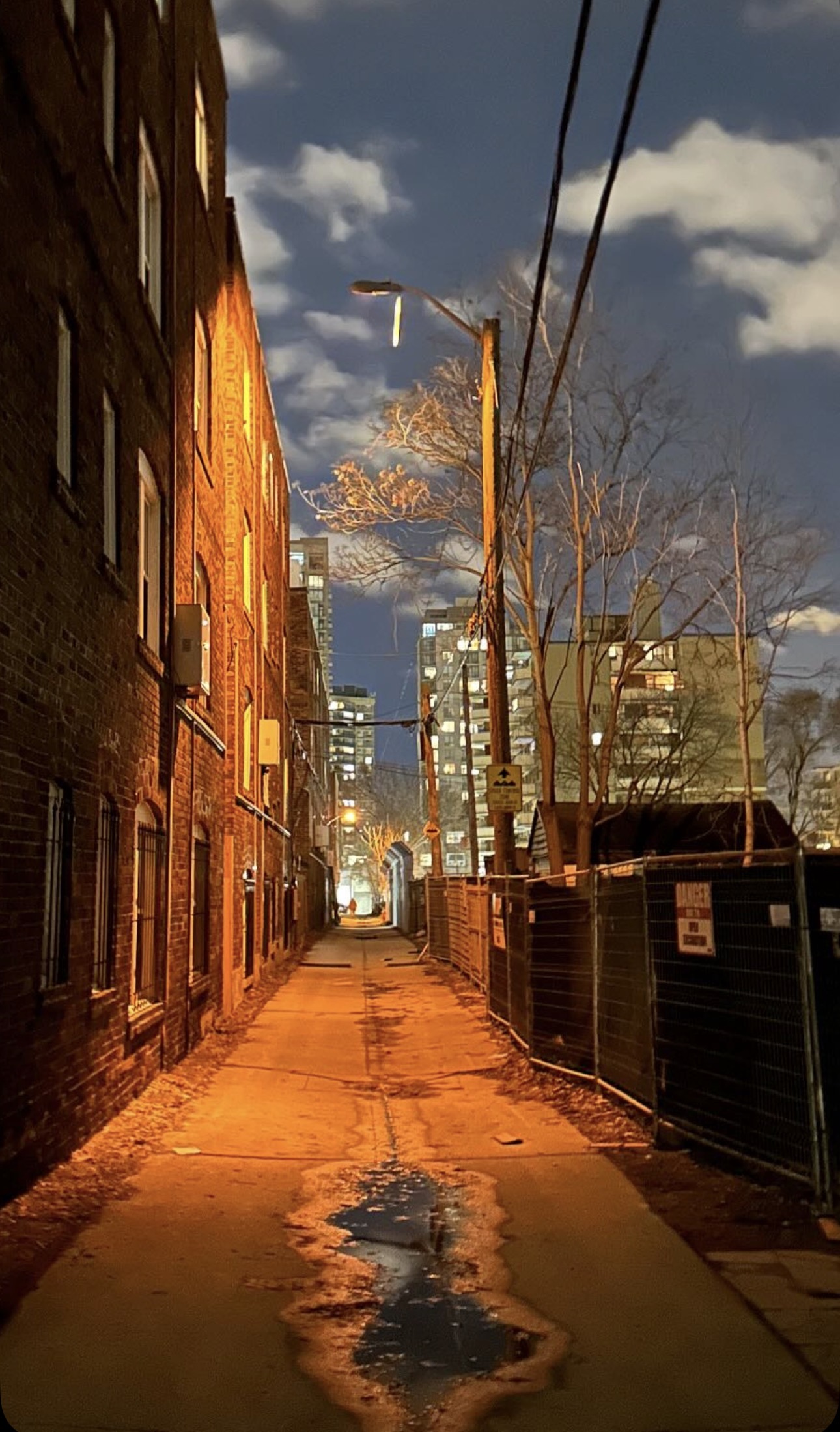 Toronto brick alley in warm amber streetlight