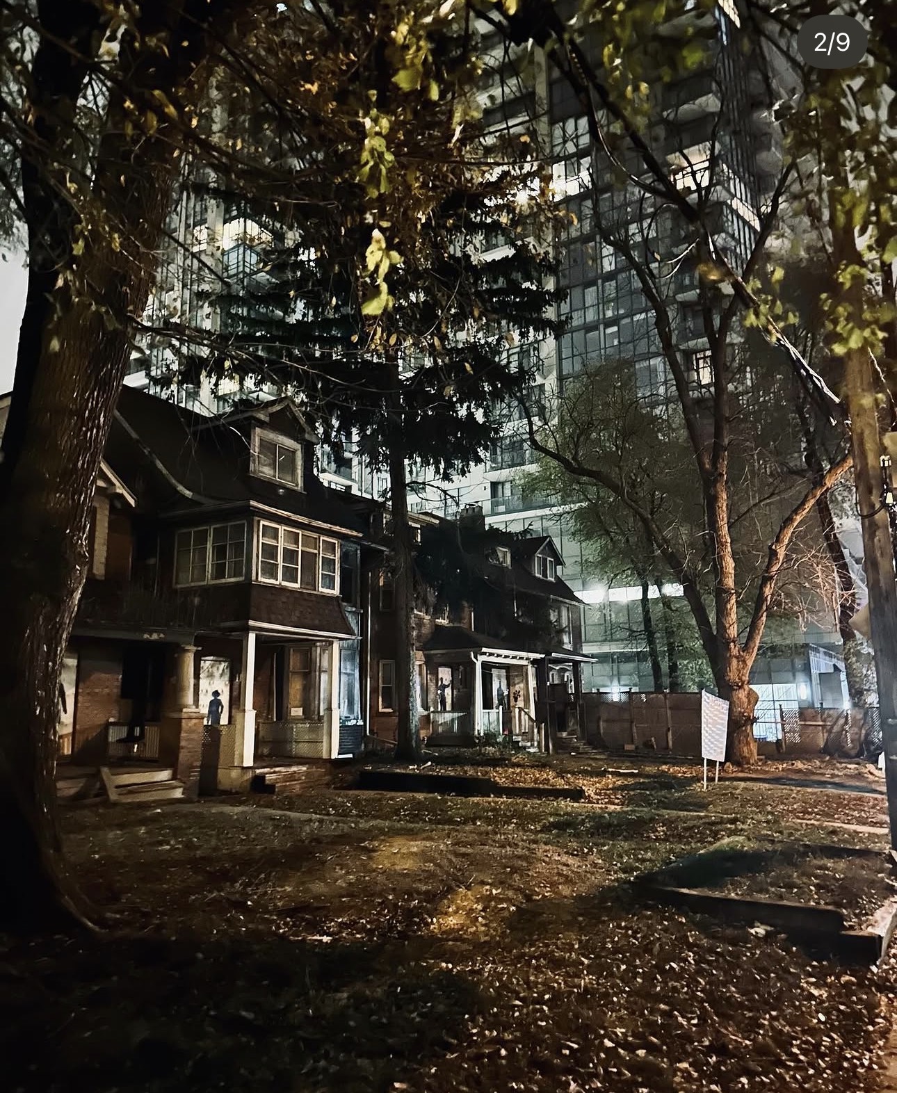 Derelict houses seen through bare trees at night with glass condo tower behind