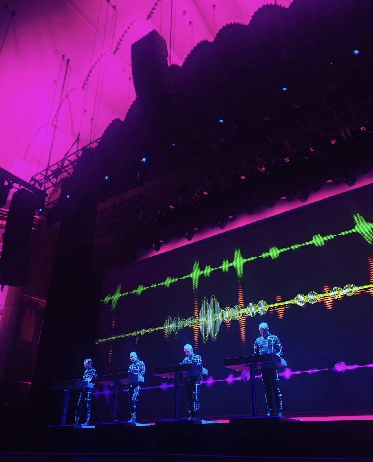 Kraftwerk performing at Massey Hall with neon waveform visuals