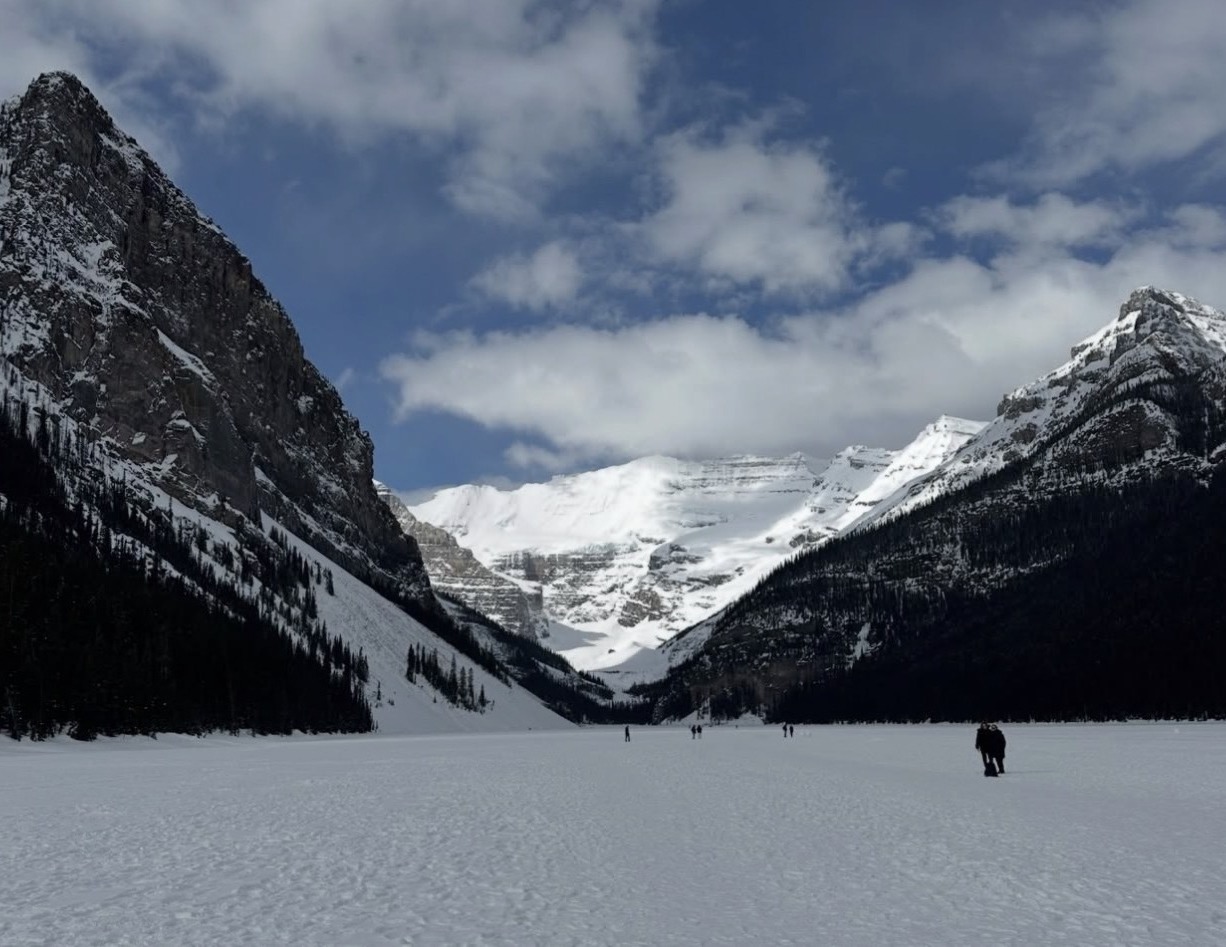 Frozen Lake Louise with Victoria Glacier and mountains