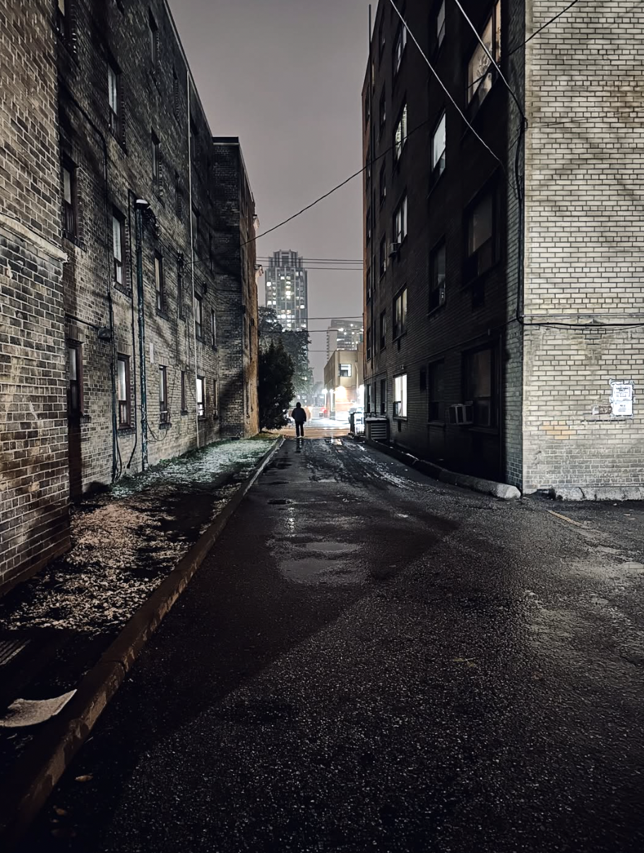 Toronto alley at night with glowing green iron gate